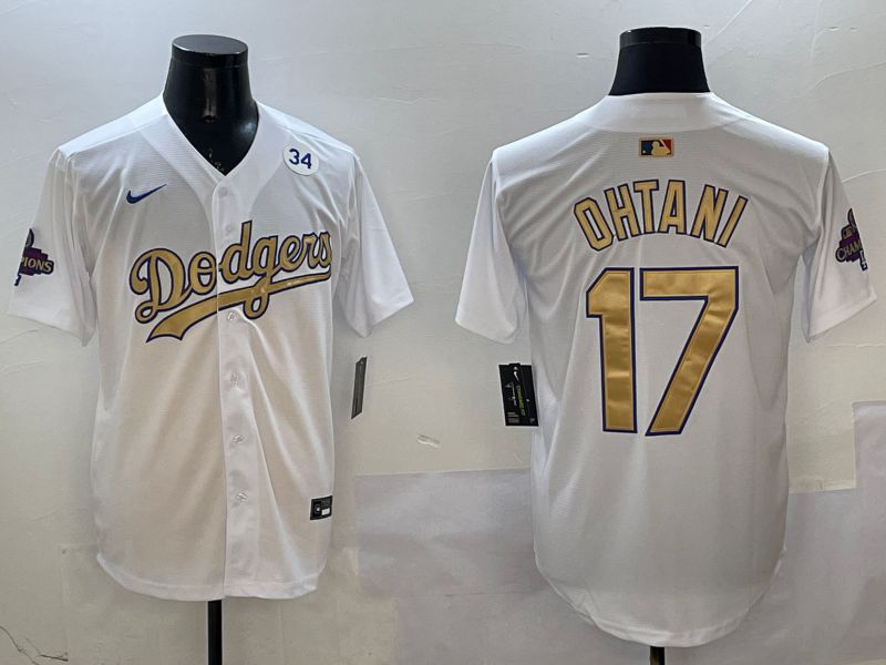 Men Los Angeles Dodgers #17 Ohtani White Champion gold character 2025 Nike MLB Jersey style 22